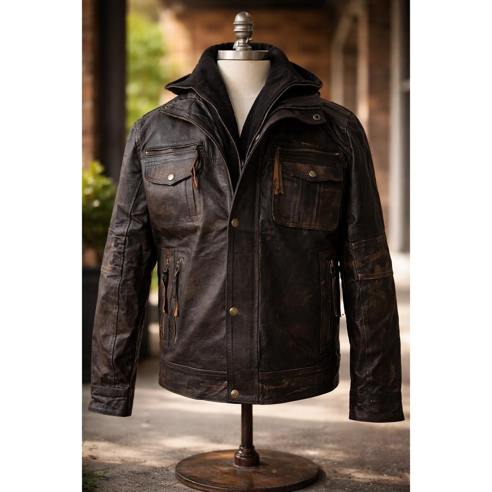 Real Leather Men's Brown Utility Field Jacket Hooded Lined Distressed Brown S